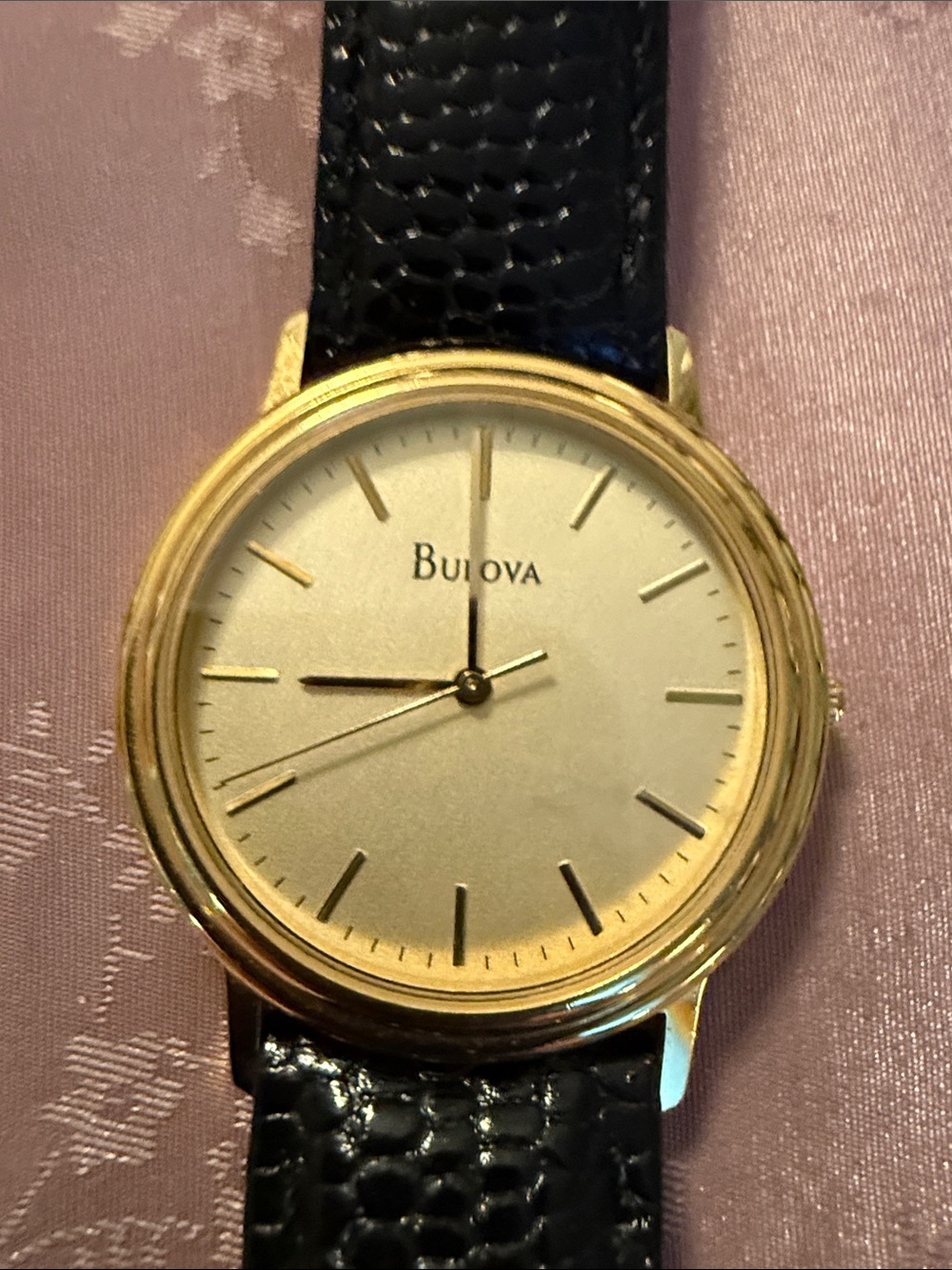 Bulova Gold-Tone Case Watch with Black Leather Strap